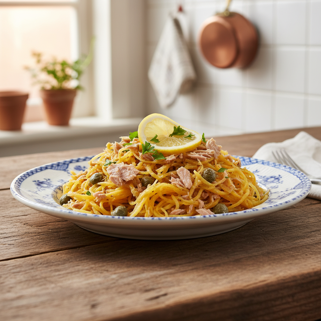 Spaghetti Pompoen met Tonijn en Kappertjes