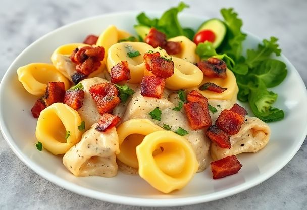 Romige Tortellini Boscaiola met Spekjes en Champignons
